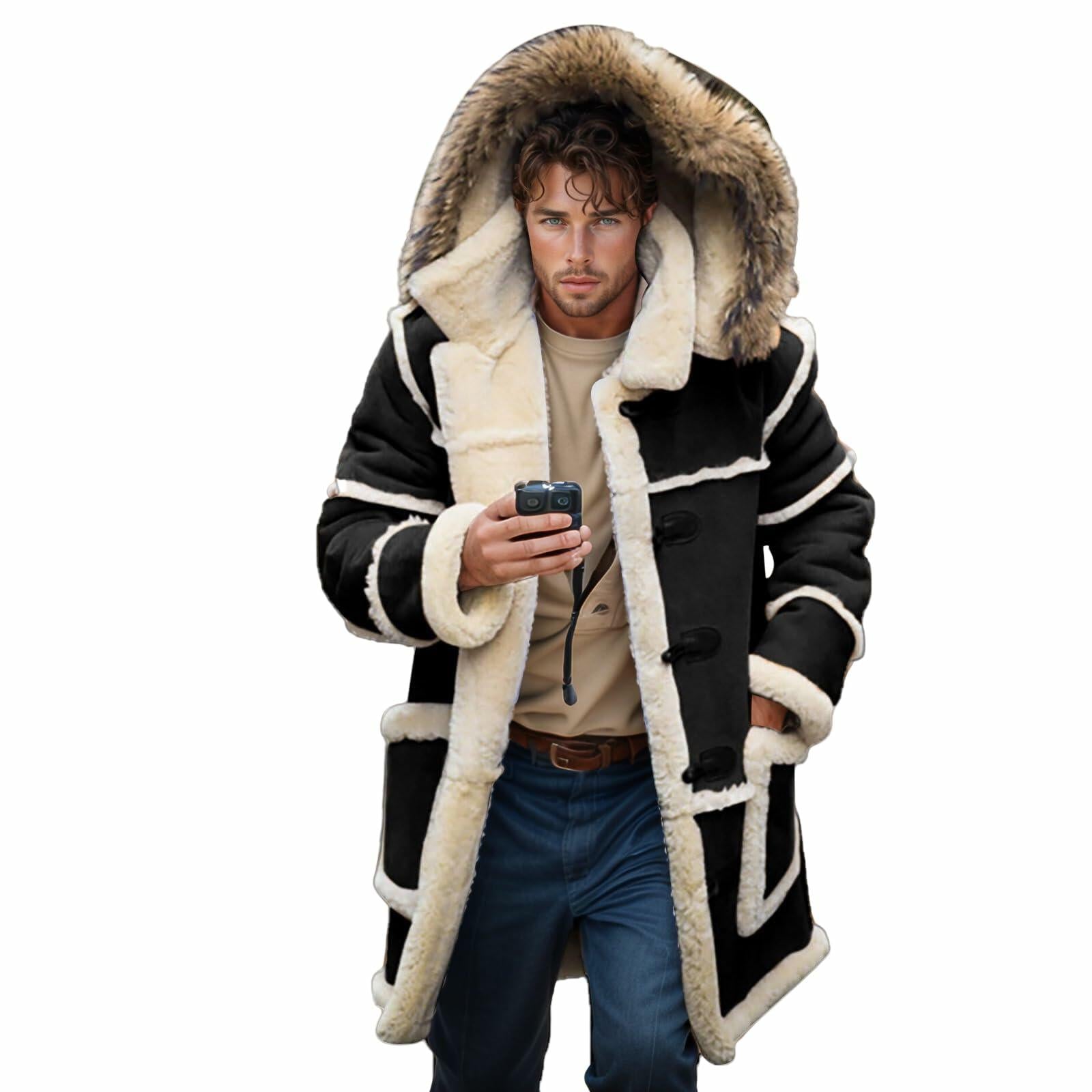 RSZGSWS Men Shearling Coats with Hood Faux Suede Sherpa Lined Sheepskin Jackets