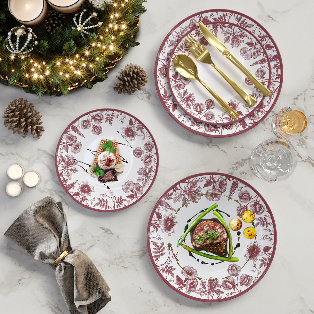 Trendables Disposable Plates For Party Supplies | Burgundy Floral Plastic Plates