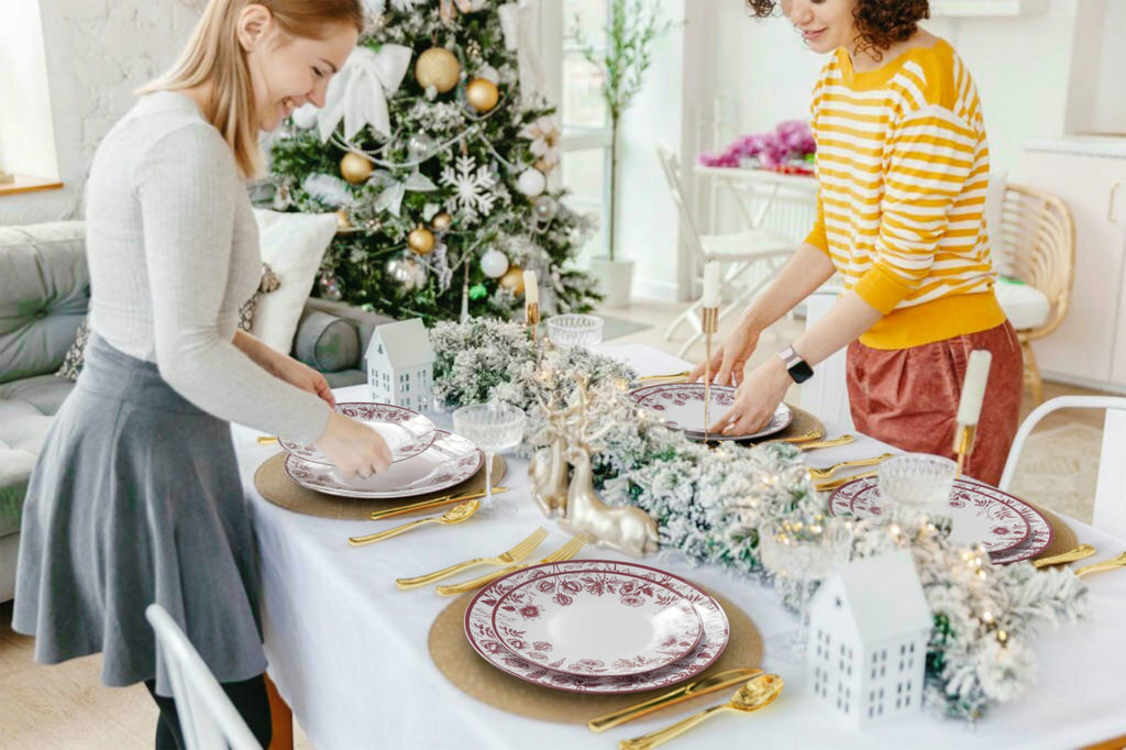 Trendables Disposable Plates For Party Supplies | Burgundy Floral Plastic Plates