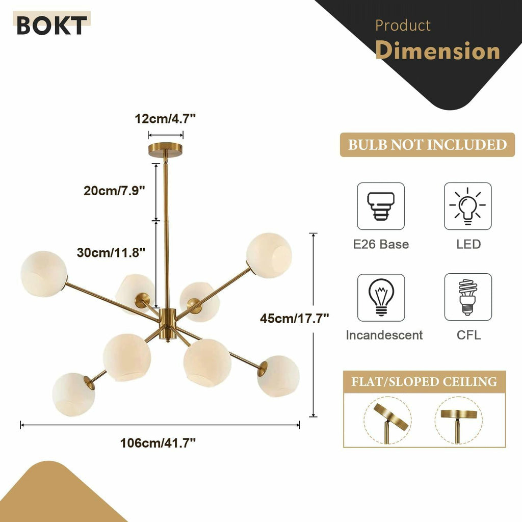 BOKT 8 Lights Gold Globe Sputnik Chandelier Vintage Milk Glass Chandelier Light