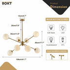 BOKT 8 Lights Gold Globe Sputnik Chandelier Vintage Milk Glass Chandelier Light