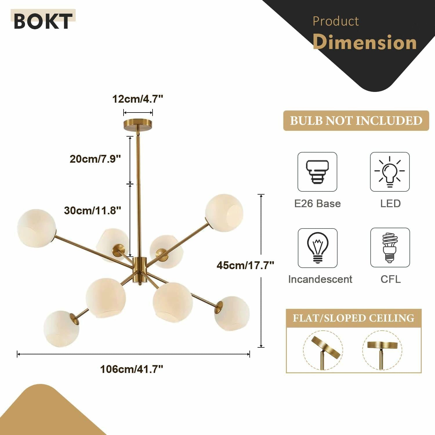 BOKT 8 Lights Gold Globe Sputnik Chandelier Vintage Milk Glass Chandelier Light
