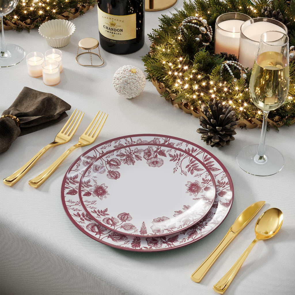 Trendables Disposable Plates For Party Supplies | Burgundy Floral Plastic Plates