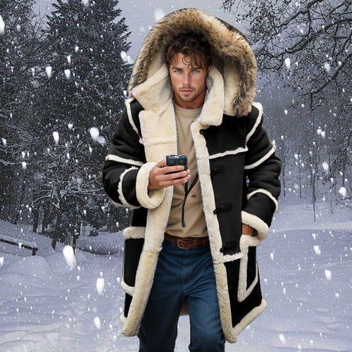 RSZGSWS Men Shearling Coats with Hood Faux Suede Sherpa Lined Sheepskin Jackets