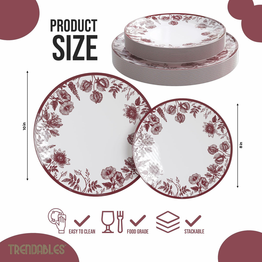 Trendables Disposable Plates For Party Supplies | Burgundy Floral Plastic Plates