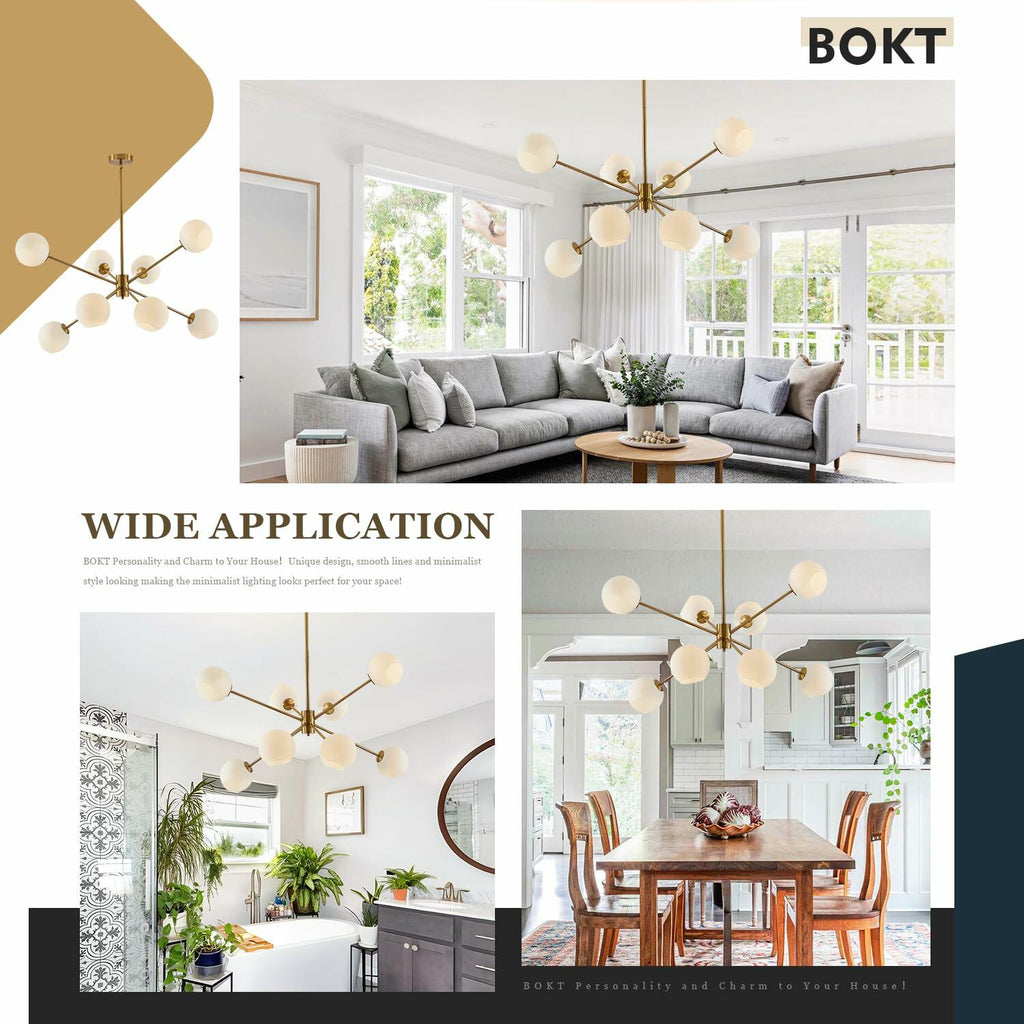 BOKT 8 Lights Gold Globe Sputnik Chandelier Vintage Milk Glass Chandelier Light