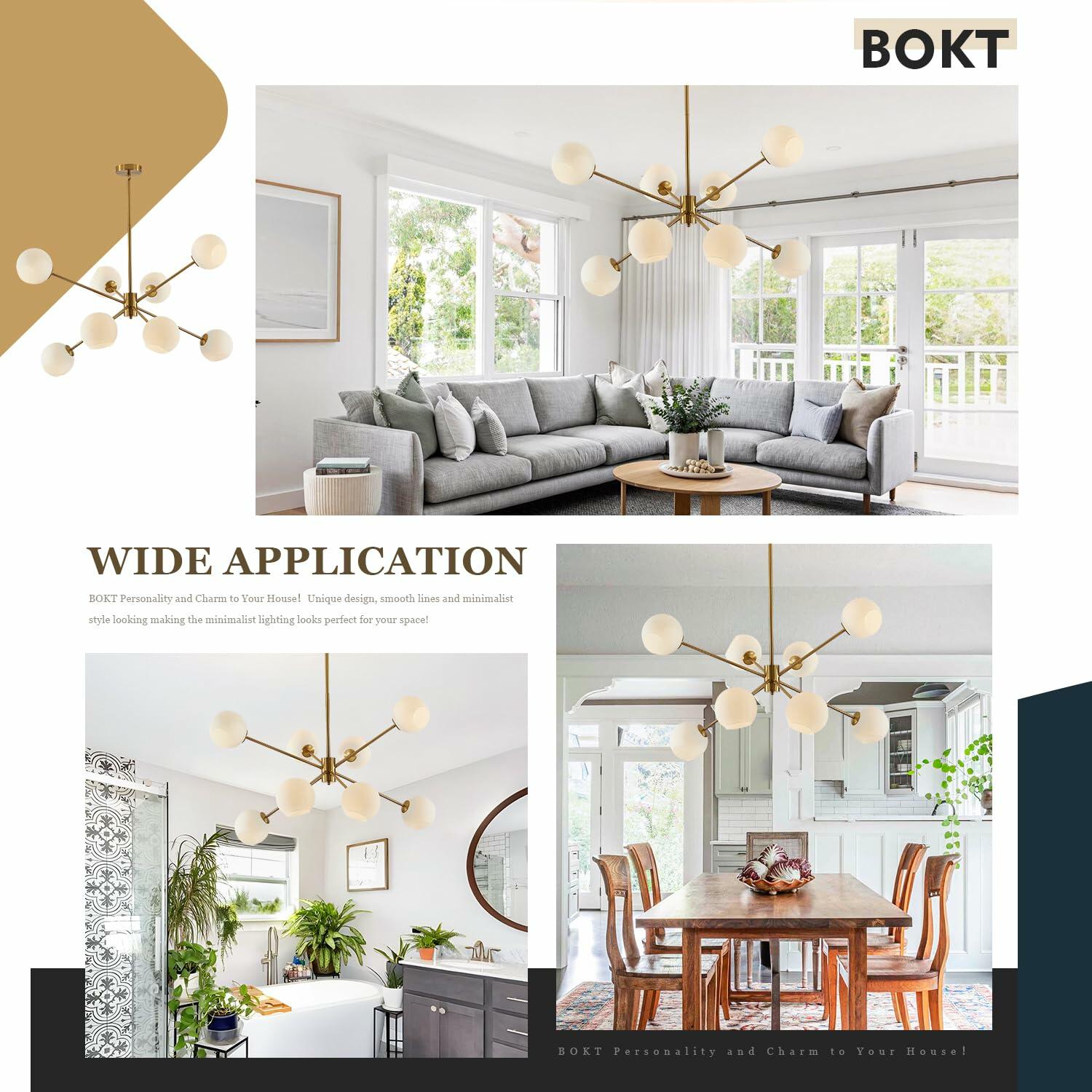 BOKT 8 Lights Gold Globe Sputnik Chandelier Vintage Milk Glass Chandelier Light