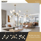 BOKT 8 Lights Gold Globe Sputnik Chandelier Vintage Milk Glass Chandelier Light