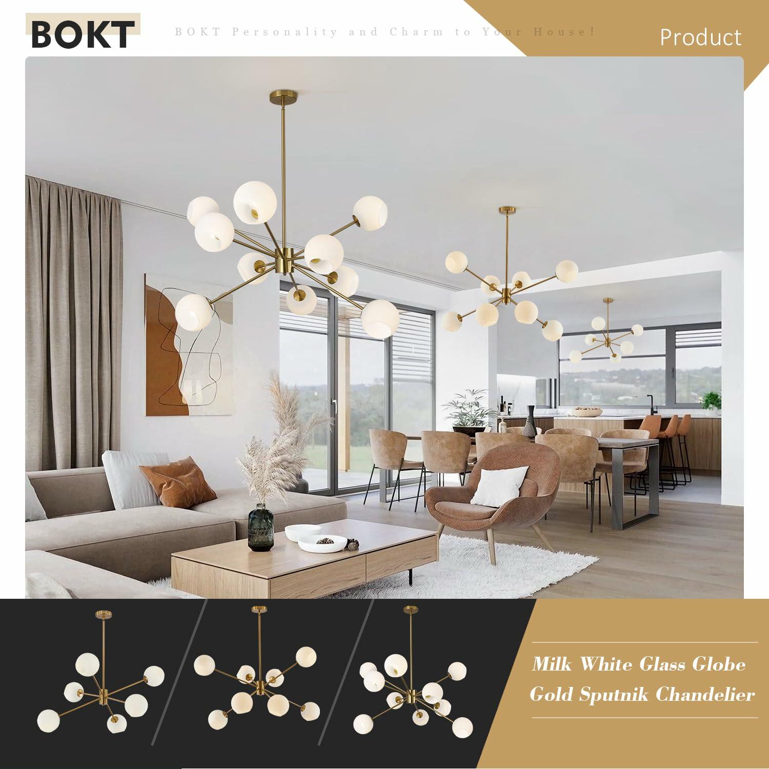 BOKT 8 Lights Gold Globe Sputnik Chandelier Vintage Milk Glass Chandelier Light