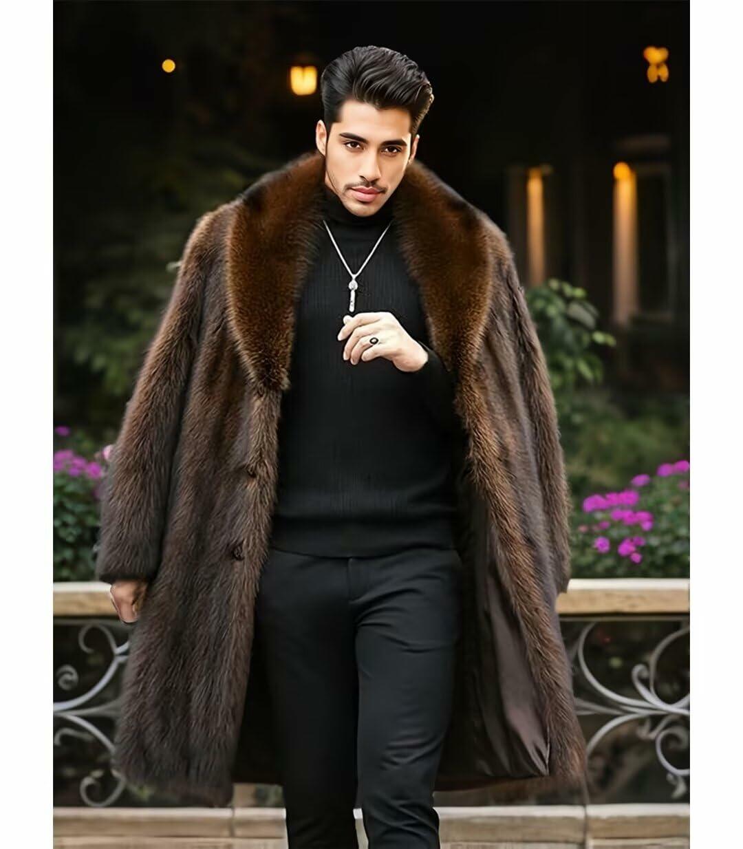 INVACHI Men's Faux Fur Coat Winter Long Faux Mink Coat Fluffy Thick Trench Coat
