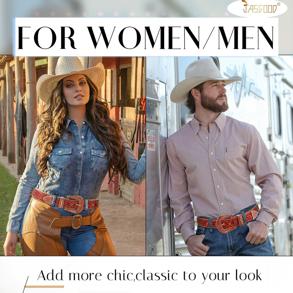JASGOOD Women Men Rhinestones Belt,Bling Western Cowgirl Cowboy Studded Leather