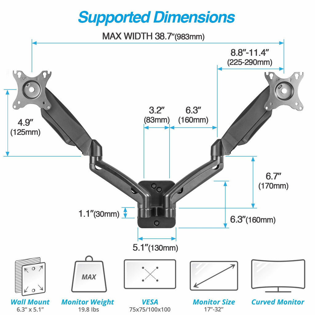 AVLT Dual 17"-32" Monitor Wall Mount fits Two 19.8 lbs Flat/Curved Computer