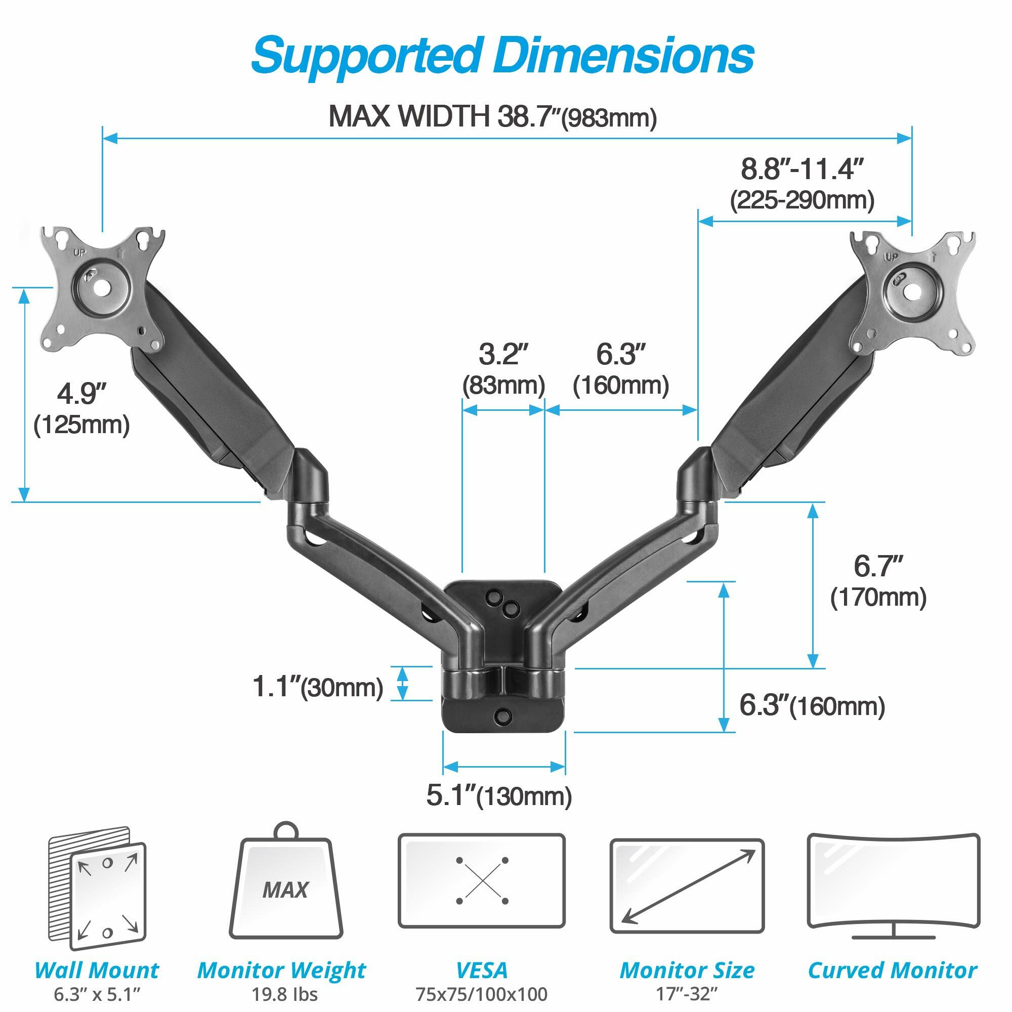 AVLT Dual 17"-32" Monitor Wall Mount fits Two 19.8 lbs Flat/Curved Computer