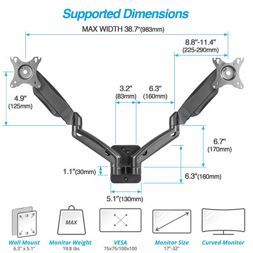 AVLT Dual 17"-32" Monitor Wall Mount fits Two 19.8 lbs Flat/Curved Computer