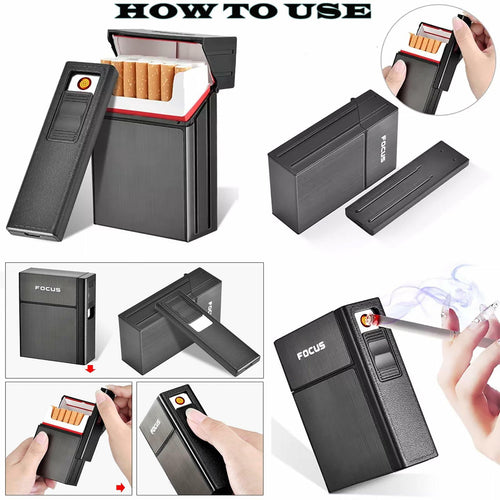 Cigarette Case- with USB Rechargeable Flameless Lighter - Holds 20 Regular