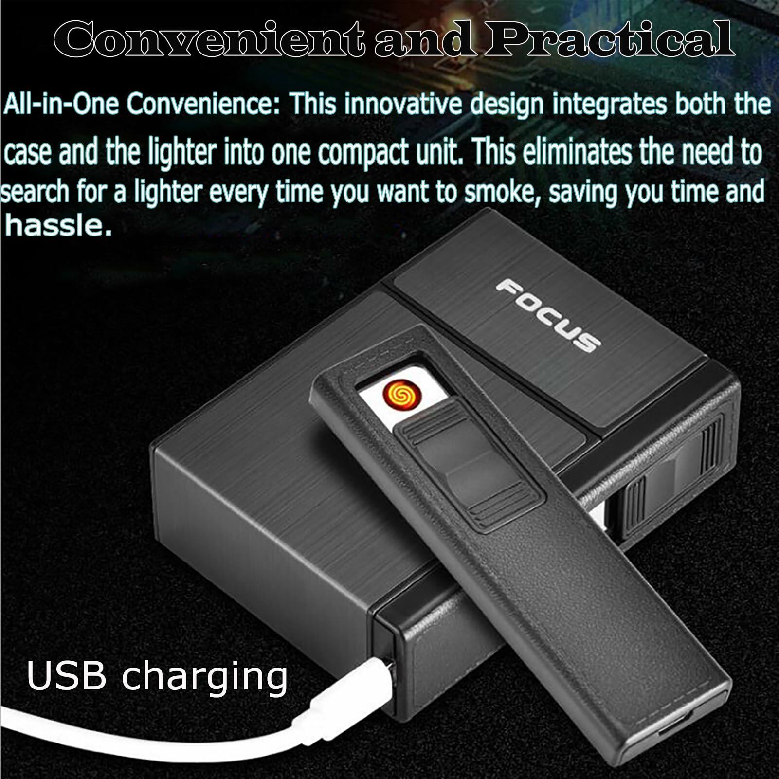 Cigarette Case- with USB Rechargeable Flameless Lighter - Holds 20 Regular