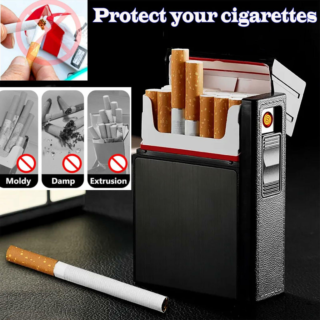 Cigarette Case- with USB Rechargeable Flameless Lighter - Holds 20 Regular