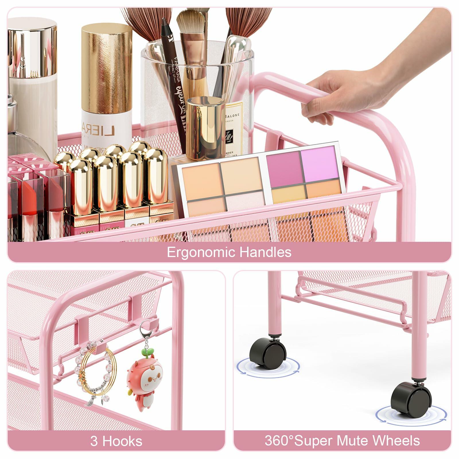 TOOLF 3 Tier Rolling Cart Pink - Metal Storage Organizer with Wheels, 33 lbs
