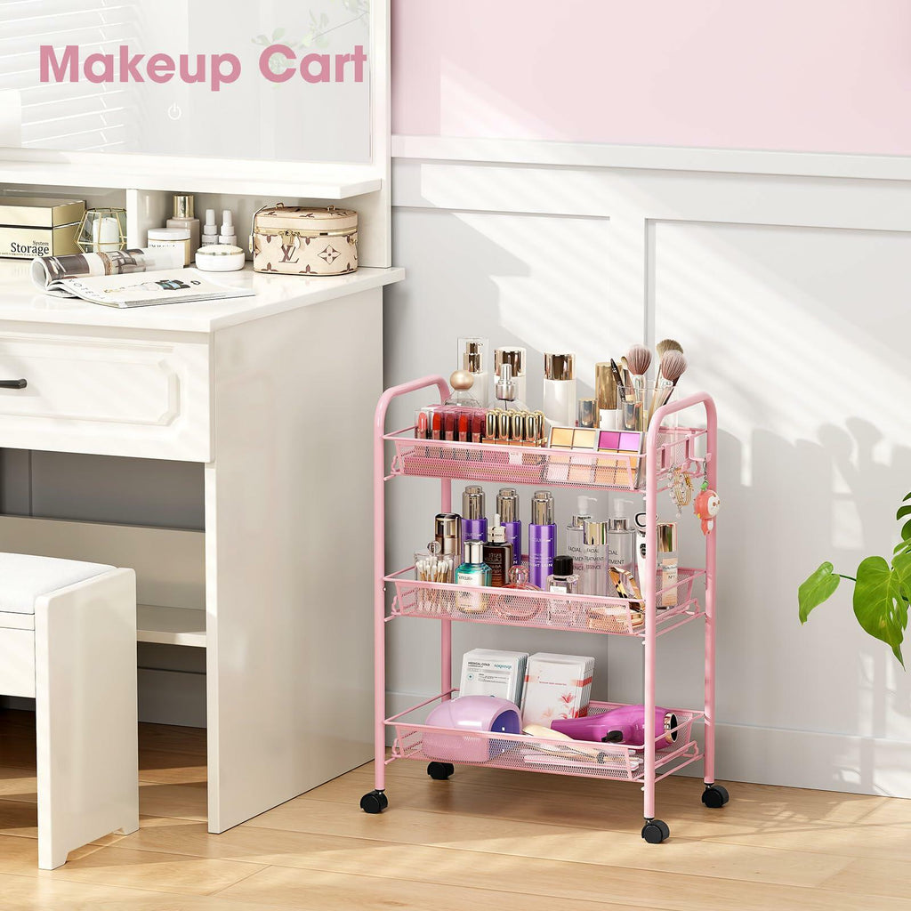 TOOLF 3 Tier Rolling Cart Pink - Metal Storage Organizer with Wheels, 33 lbs