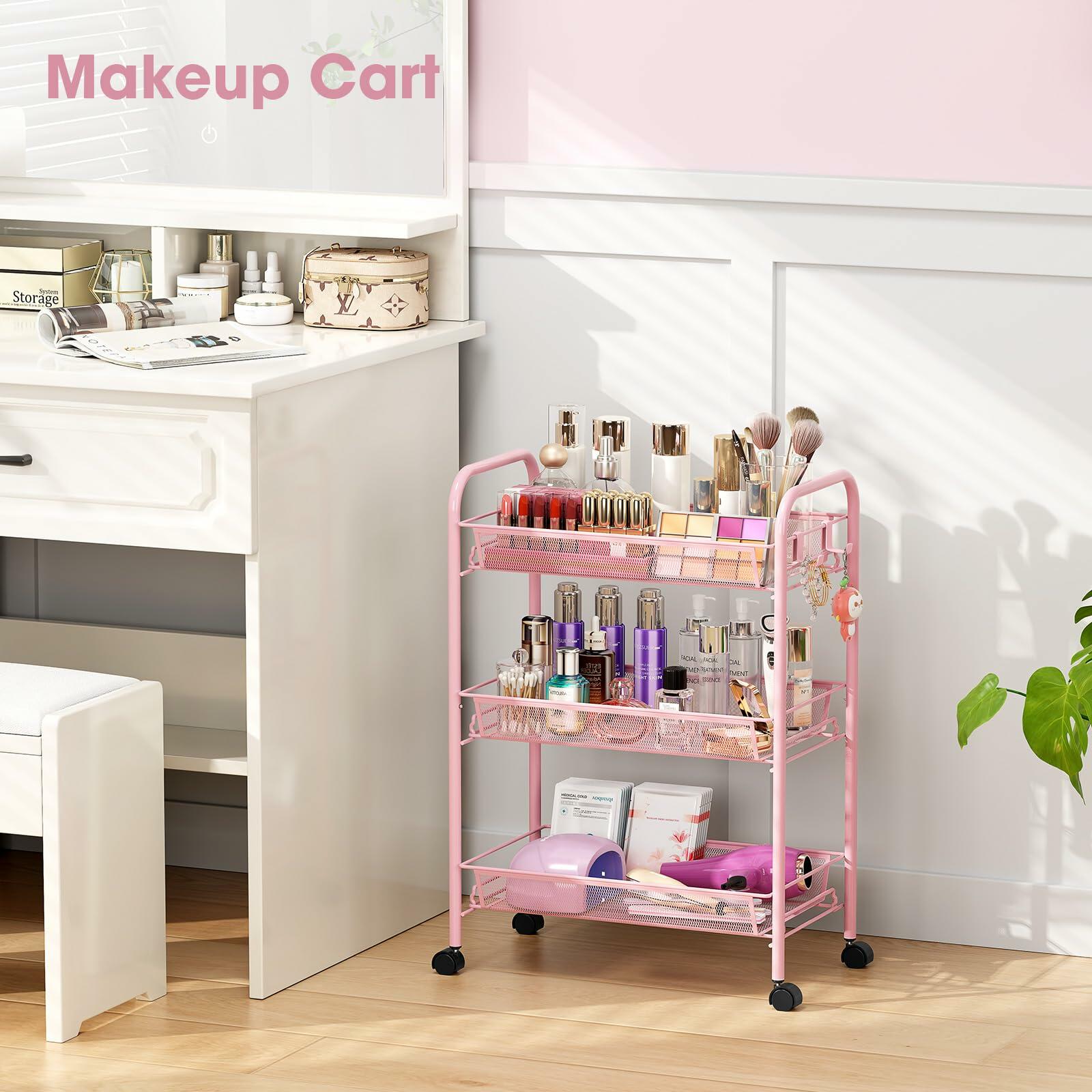 TOOLF 3 Tier Rolling Cart Pink - Metal Storage Organizer with Wheels, 33 lbs