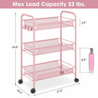 TOOLF 3 Tier Rolling Cart Pink - Metal Storage Organizer with Wheels, 33 lbs