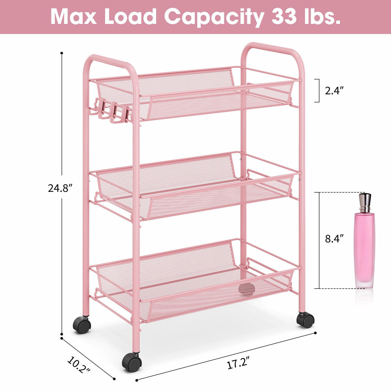 TOOLF 3 Tier Rolling Cart Pink - Metal Storage Organizer with Wheels, 33 lbs