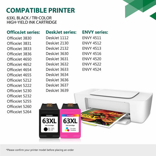 ZXTZX 63XL Ink Cartridge Black and Color Replacement for HP 63XL Ink with