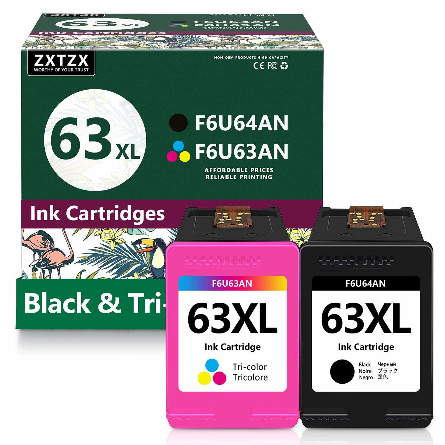 ZXTZX 63XL Ink Cartridge Black and Color Replacement for HP 63XL Ink with
