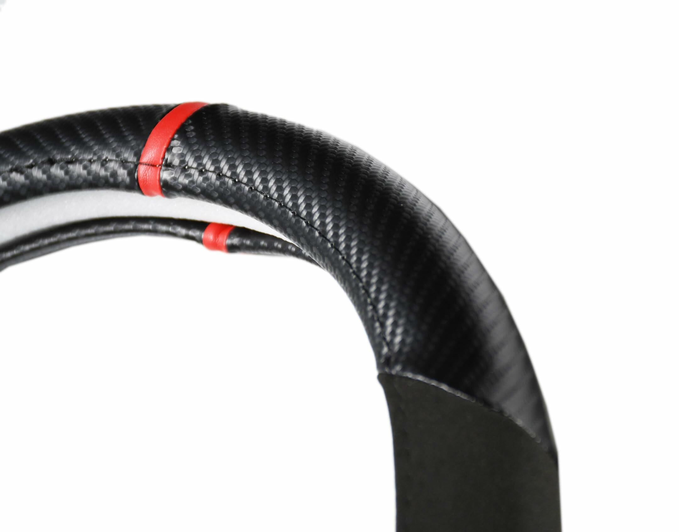 Carbon Fiber + Leather Steering Wheel Cover with Sporty Red Top Stripe, Non-Slip