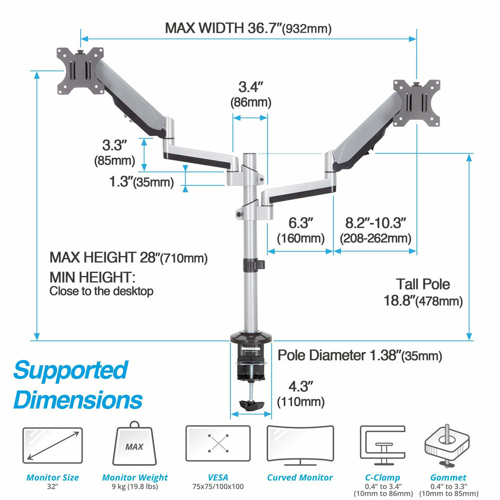 AVLT Dual 17"-32" Stacked Monitor Arm Desk Mount for 2 Flat or Curved Screens,