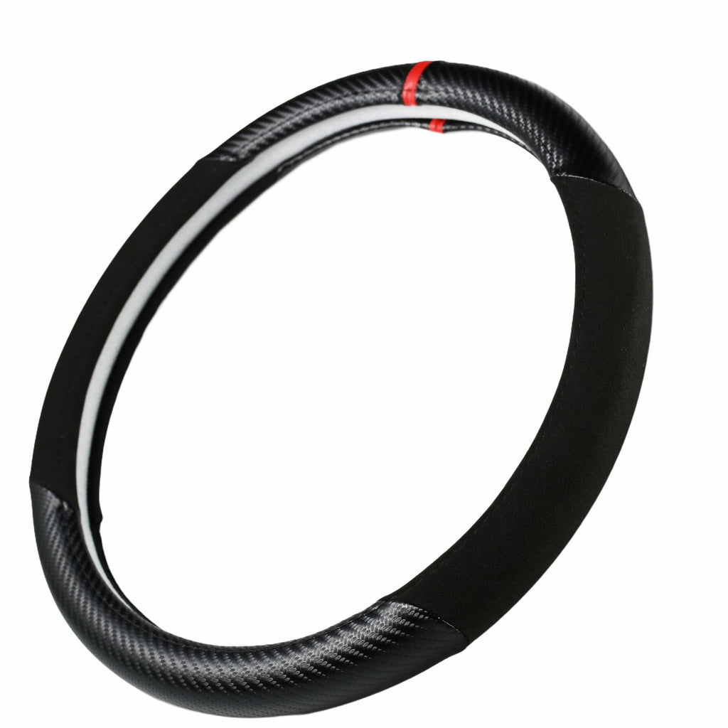 Carbon Fiber + Leather Steering Wheel Cover with Sporty Red Top Stripe, Non-Slip