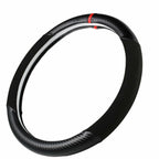 Carbon Fiber + Leather Steering Wheel Cover with Sporty Red Top Stripe, Non-Slip