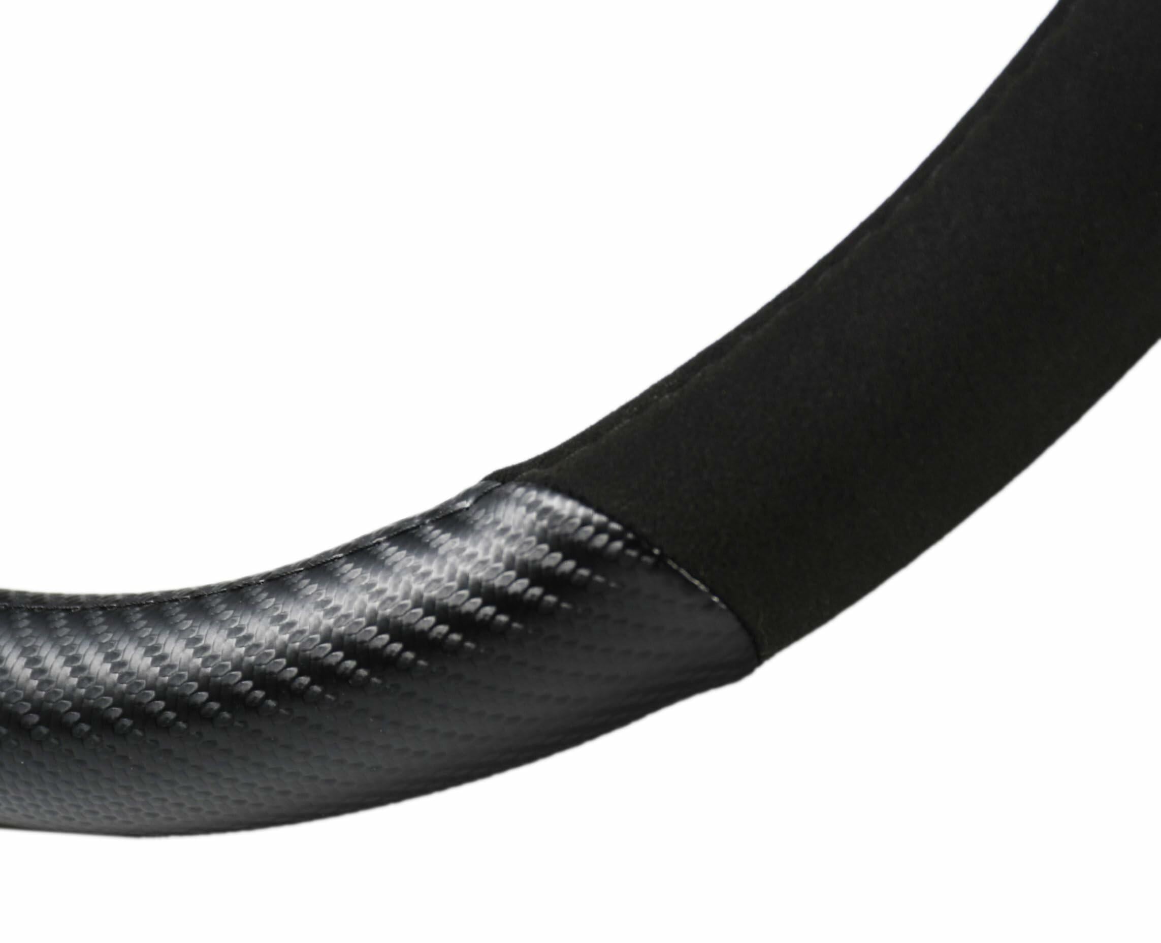 Carbon Fiber + Leather Steering Wheel Cover with Sporty Red Top Stripe, Non-Slip