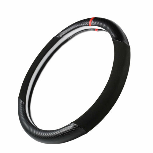 Carbon Fiber + Leather Steering Wheel Cover with Sporty Red Top Stripe, Non-Slip