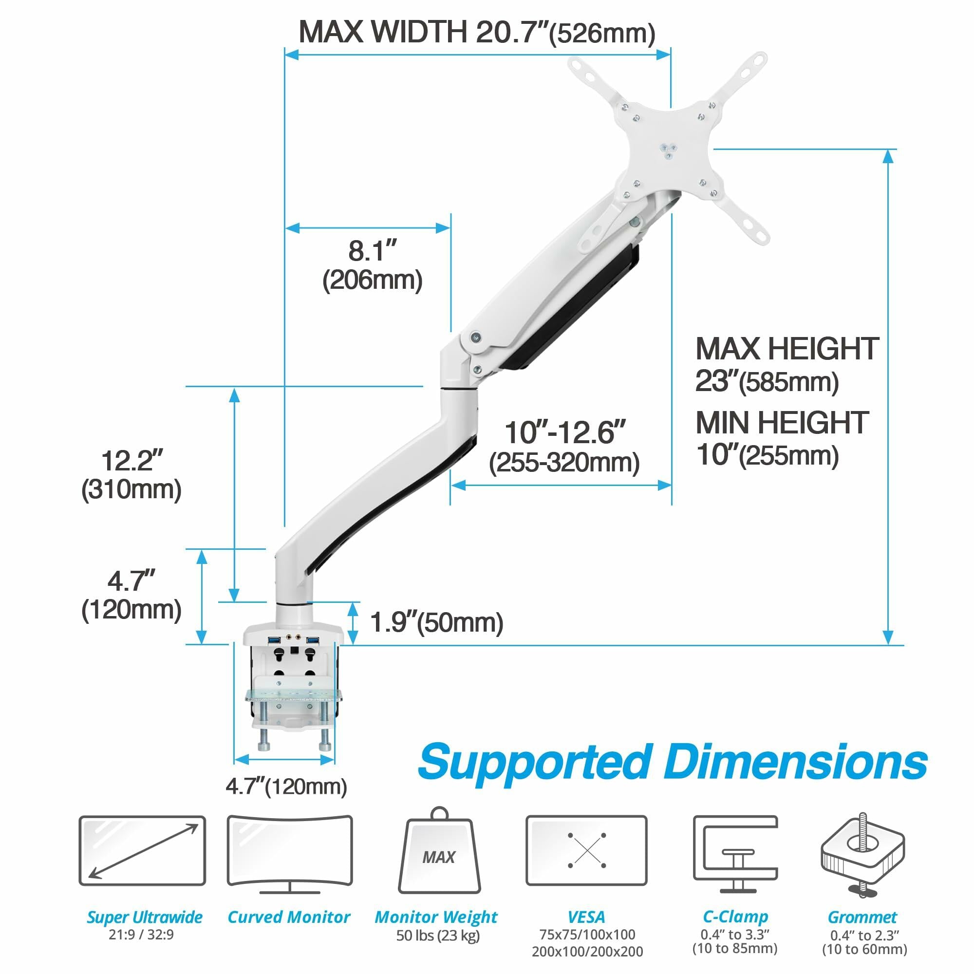 AVLT Single 17"-49" Super Ultrawide Monitor Arm for Screens Up to 50 lbs,