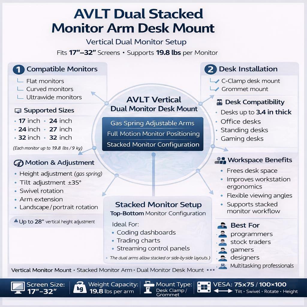 AVLT Dual 17"-32" Stacked Monitor Arm Desk Mount for 2 Flat or Curved Screens,