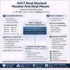 AVLT Dual 17"-32" Stacked Monitor Arm Desk Mount for 2 Flat or Curved Screens,