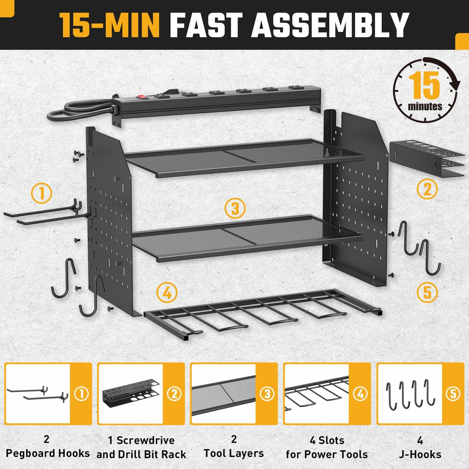 ZESEN Power Tool Organizer Wall Mount 3-Layer Charging Station 6 Outlets
