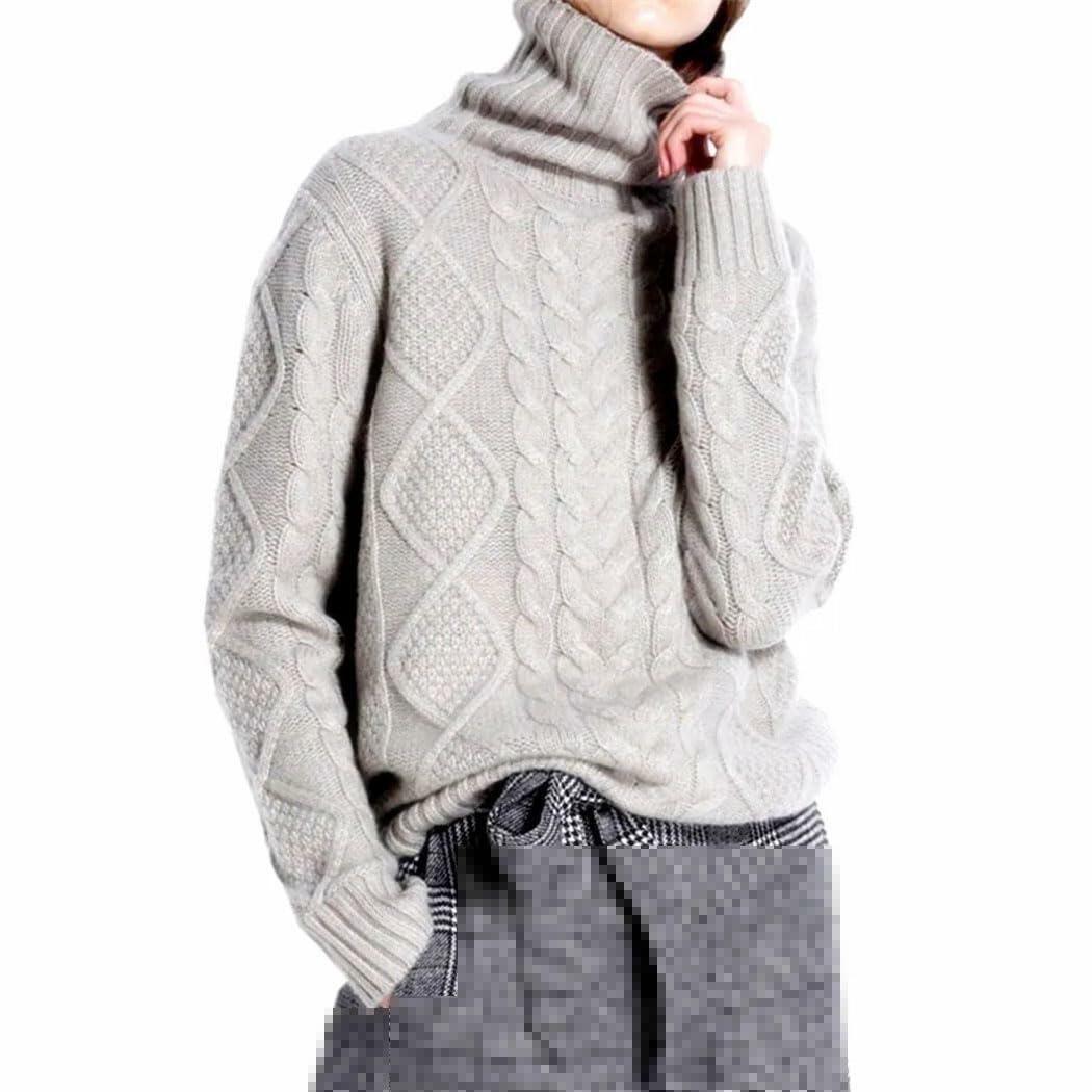 FULBHPRINT Women Turtleneck Cashmere Wool Sweater Knit Winter Pullover Beige