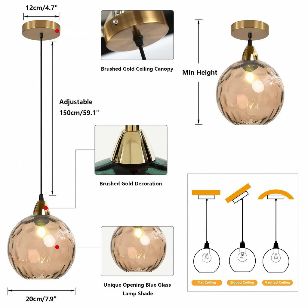 BOKT Large Gold Amber Glass Pendant Light Mid Century Modern Ceiling Fixture