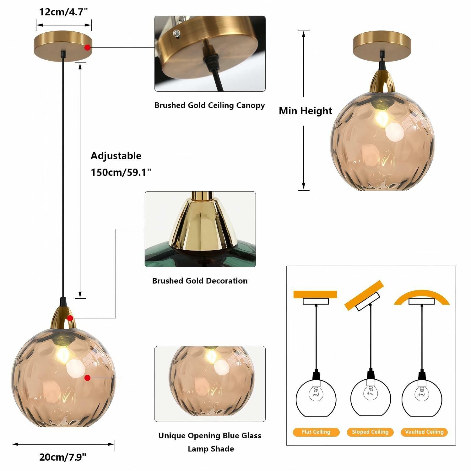 BOKT Large Gold Amber Glass Pendant Light Mid Century Modern Ceiling Fixture