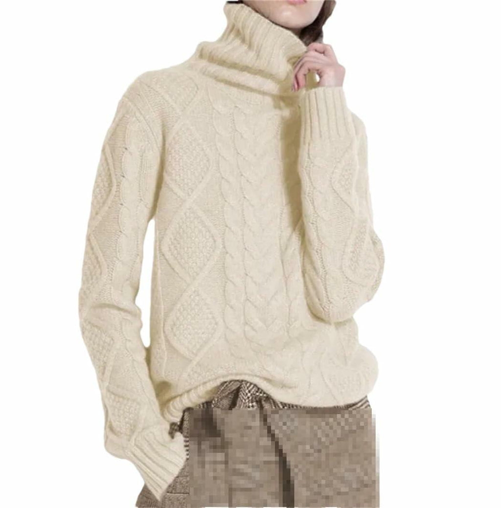 FULBHPRINT Women Turtleneck Cashmere Wool Sweater Knit Winter Pullover Beige