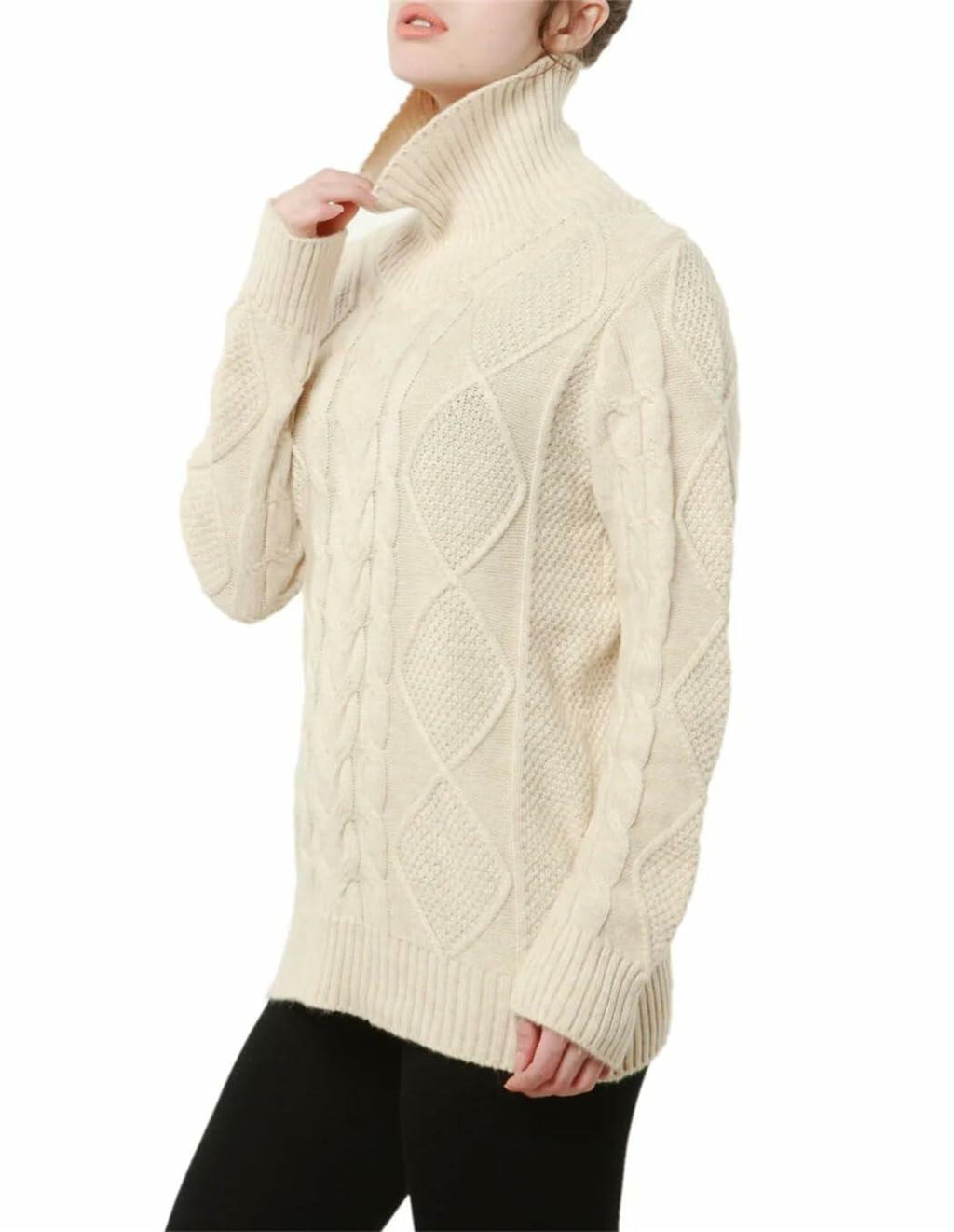 FULBHPRINT Women Turtleneck Cashmere Wool Sweater Knit Winter Pullover Beige