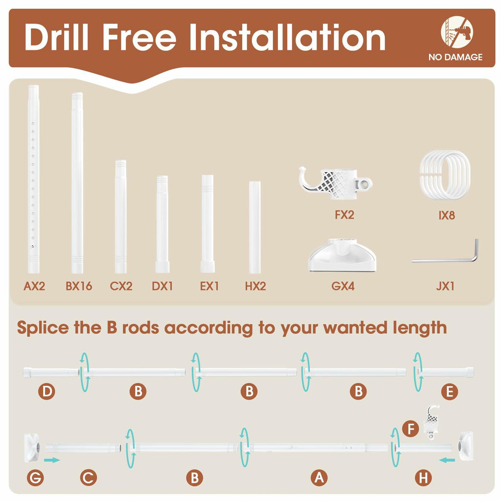 SUNALLY No Drill Room Divider Curtain Rod Freestanding 4-10ft H 28-114in W White