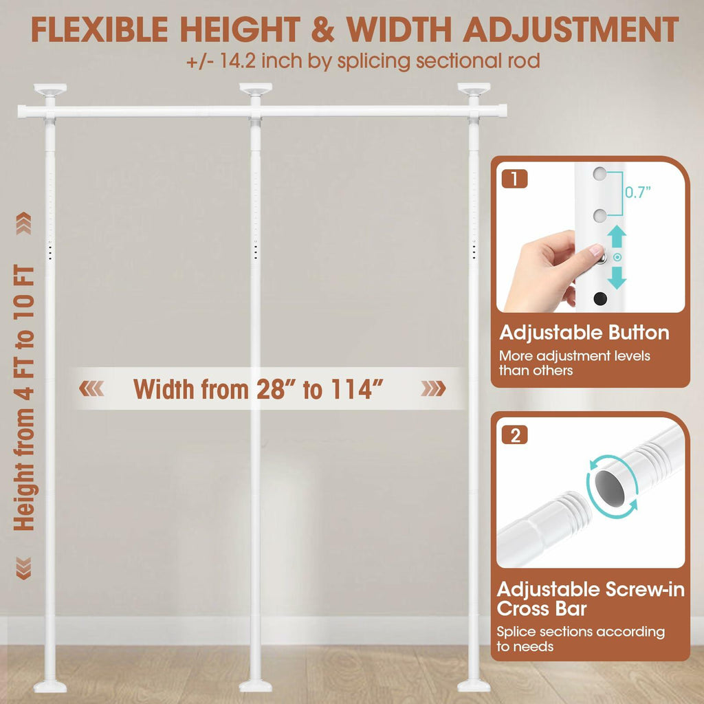 SUNALLY No Drill Room Divider Curtain Rod Freestanding 4-10ft H 28-114in W White