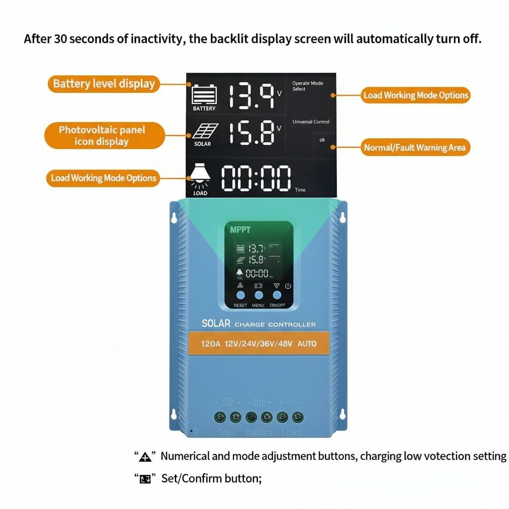 Solar Charge Controller 120A 12V 24V 36V 48V Intelligent Recognition LCD Display