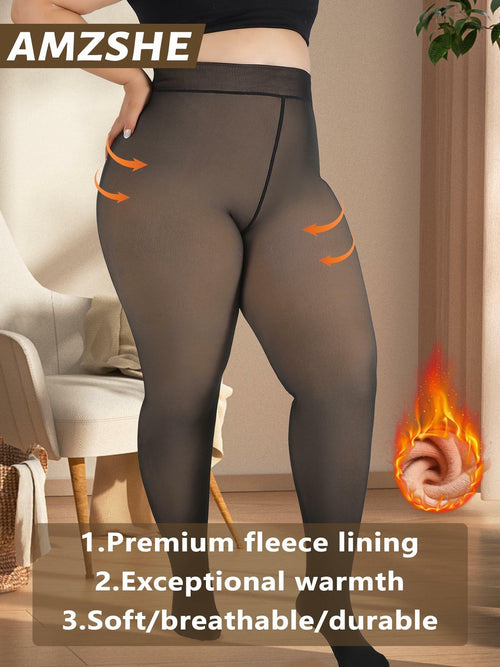 Amzshe Plus Size Fleece Lined Tights for Women, Fake Translucent Warm Winter