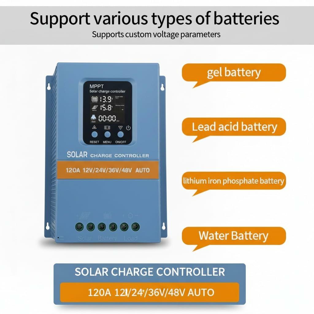 Solar Charge Controller 120A 12V 24V 36V 48V Intelligent Recognition LCD Display