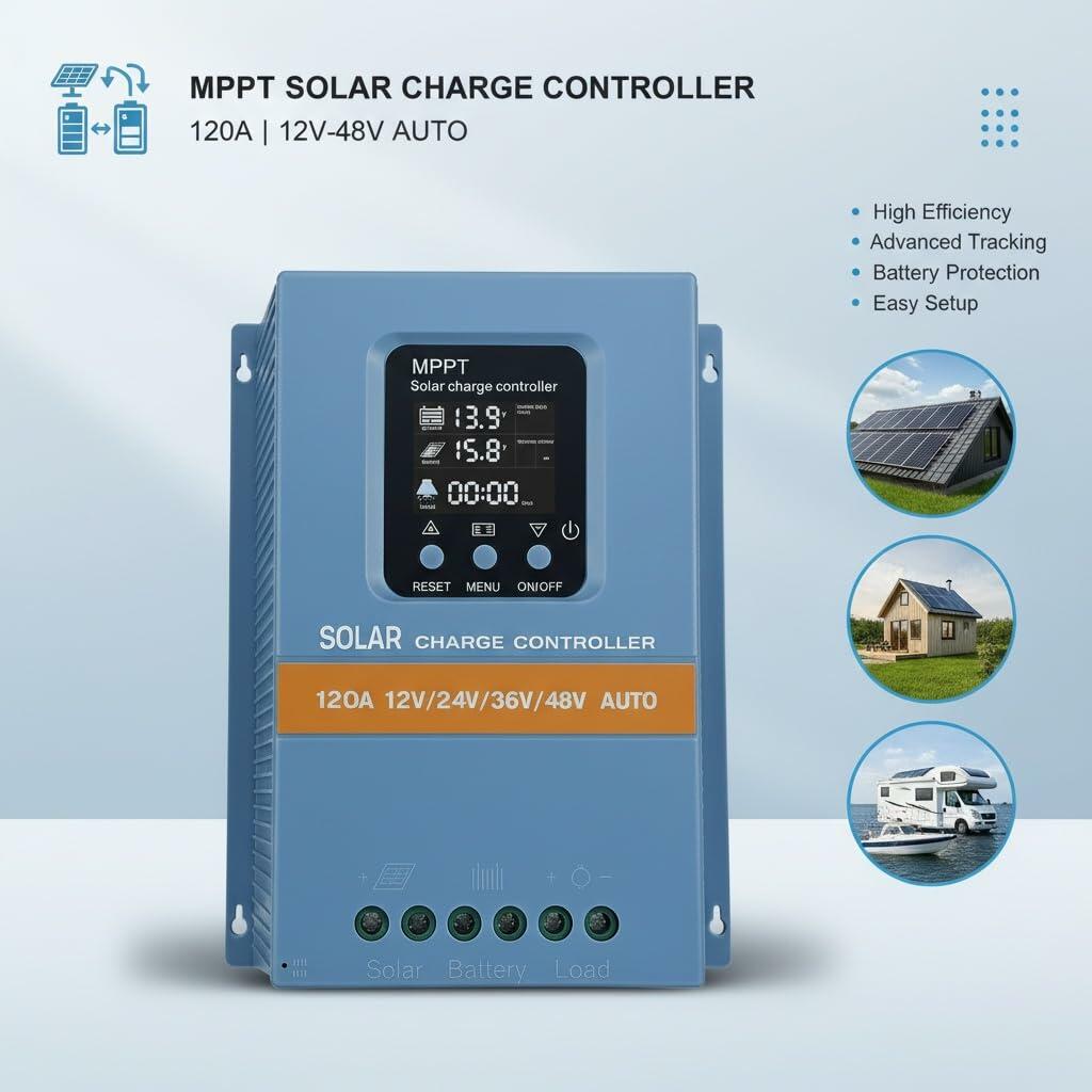 Solar Charge Controller 120A 12V 24V 36V 48V Intelligent Recognition LCD Display