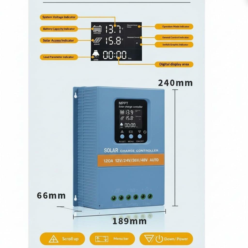 Solar Charge Controller 120A 12V 24V 36V 48V Intelligent Recognition LCD Display